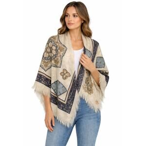 Tory Burch Oversized Fringe Shawl Scarf Medallion Print Blue Brown 52”